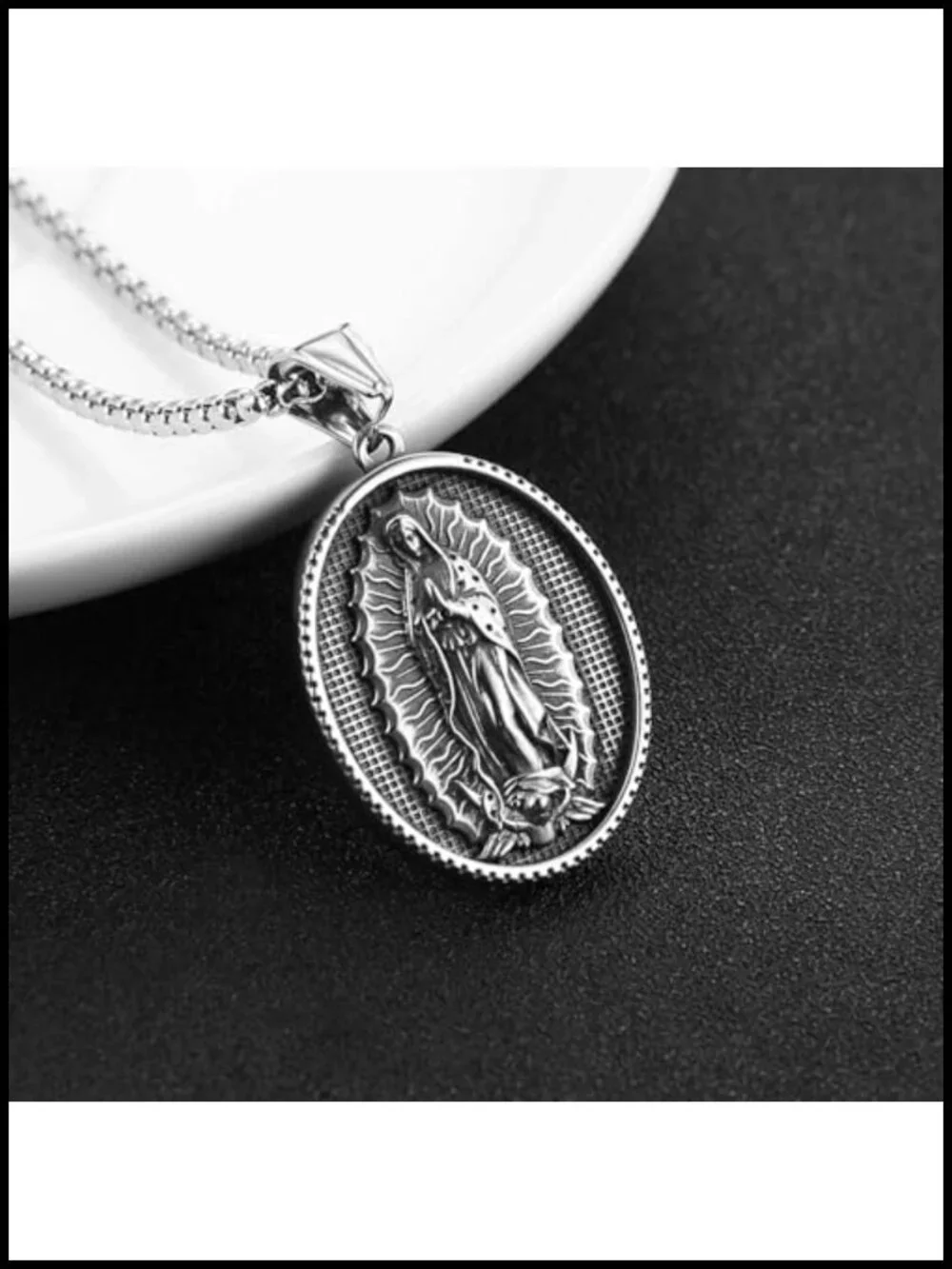 Stainless Steel Virgin Mary Guadalupe Oval Pendant Necklace Unisex